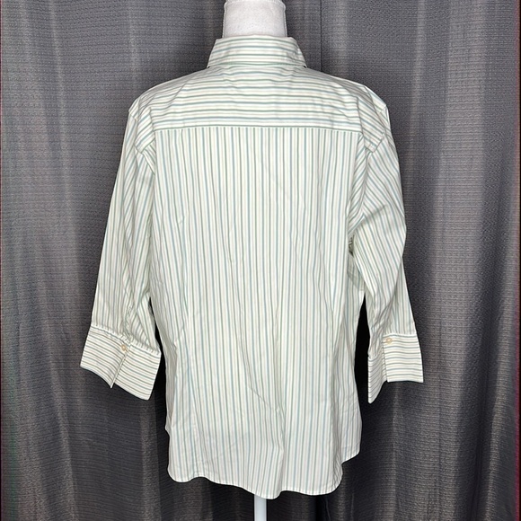 EDDIE BAUER STRETCH WRINKLE RESISTANT XL GREEN YELLOW STRIPED BUTTON FRONT SHIRT - Picture 5 of 8